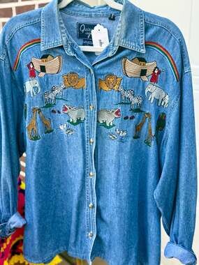 Vintage Quizz Again Noah's Ark Embroidered Denim Large